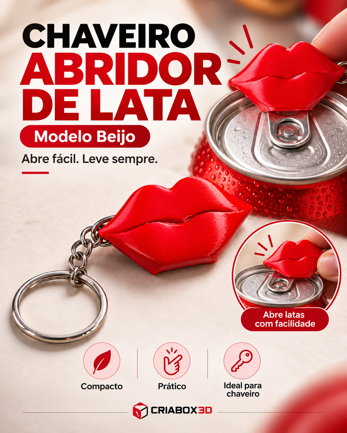 Chaveiro Abridor de Lata — Modelo Beijo